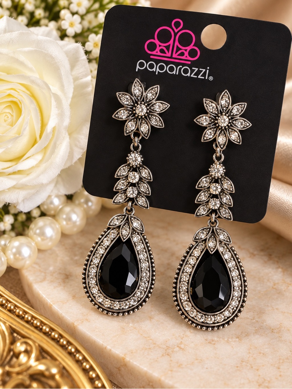 paparazzi Black and Silver Teardrop Floral Dangle Earrings